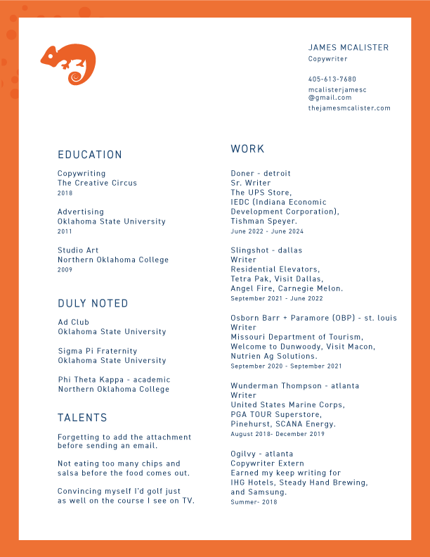 Résumé of James McAlister, professional copywriter